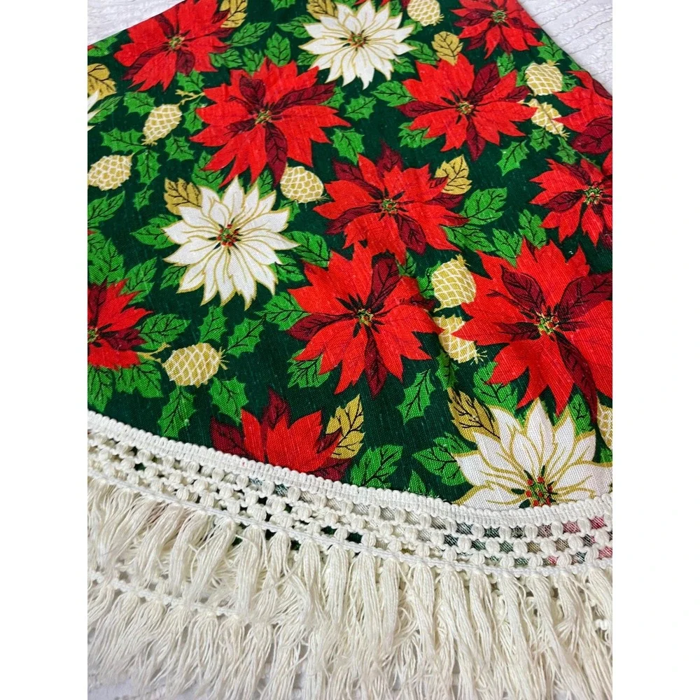 Vtg‎ Poinsettia Print Mid Century Christmas Tablecloth Fringe 60s red Green